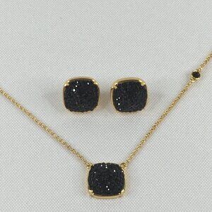 Kate Spade Clay Pave Small Square Pendant Necklace & Earrings Sparkly Black Gold
